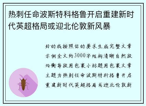 热刺任命波斯特科格鲁开启重建新时代英超格局或迎北伦敦新风暴 热刺任命波斯特科格鲁开启重建新时代英超格局或迎北伦敦新风暴